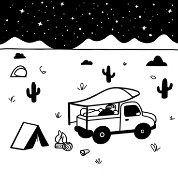 A truck parked in a vast desert landscape, with a tent set up next to it. The tent is open, revealing sleeping bags and camping gear inside. In the background, cacti and rocky formations dot the sandy terrain. Above, a starry sky filled with numerous stars and constellations stretches across the scene, casting a subtle glow over the entire setup. A small campfire sits near the truck, with logs arranged around it. The outlines of distant mountains can be seen on the horizon.