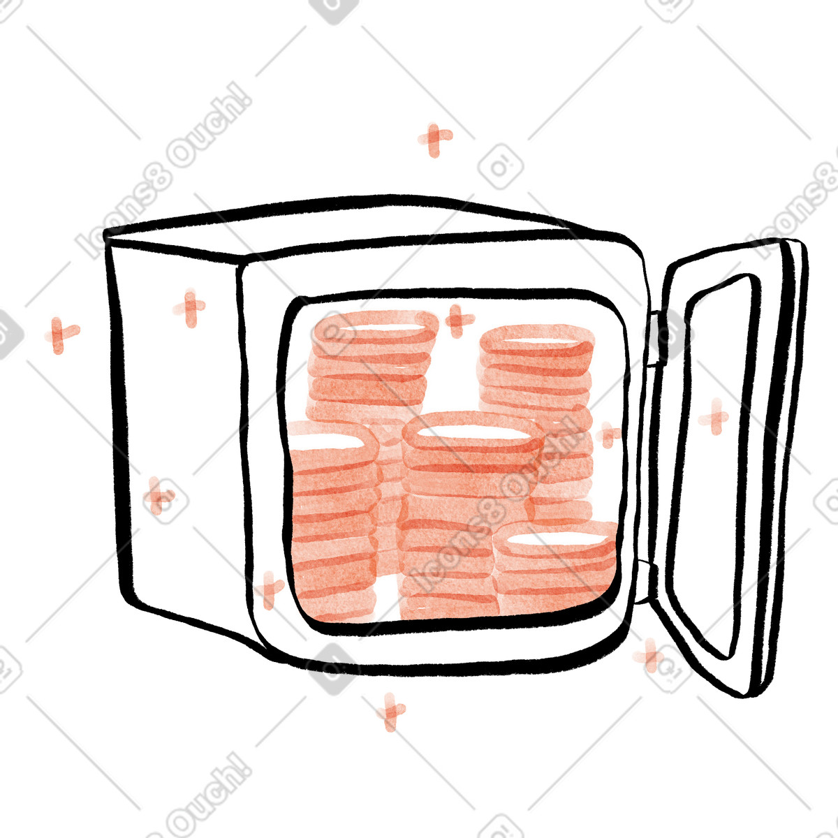 Hand-drawn coins stacked in open safe, Personal savings and wealth accumulation animated illustration in GIF, Lottie (JSON), AE
