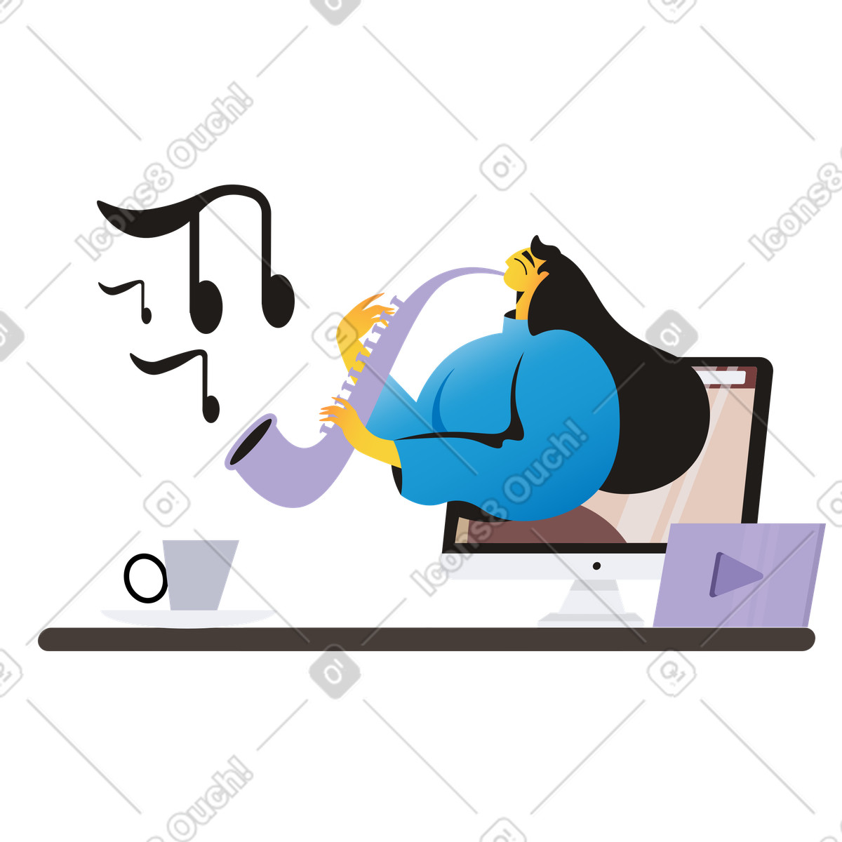 Ilustração de Digital musician playing saxophone, Listening to music or jazz performance streaming em no estilo Jaconda para baixar em PNG, SVG