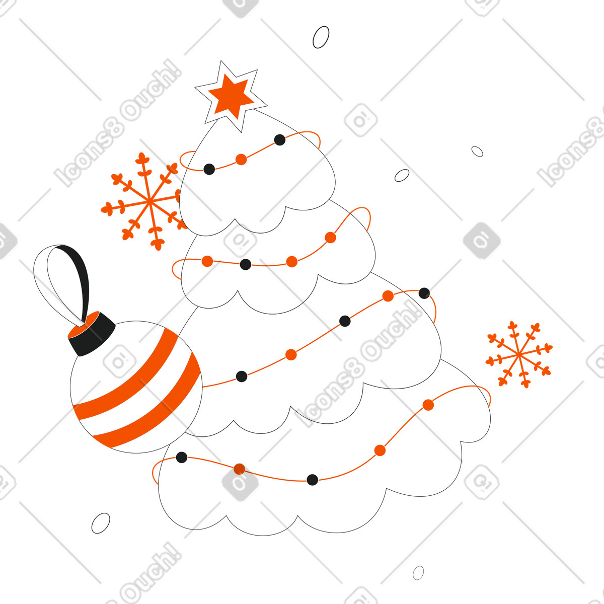 下载 Strict 风格的 Christmas tree and snowflakes, Festive home decoration 插画，支持 PNG、SVG 格式
