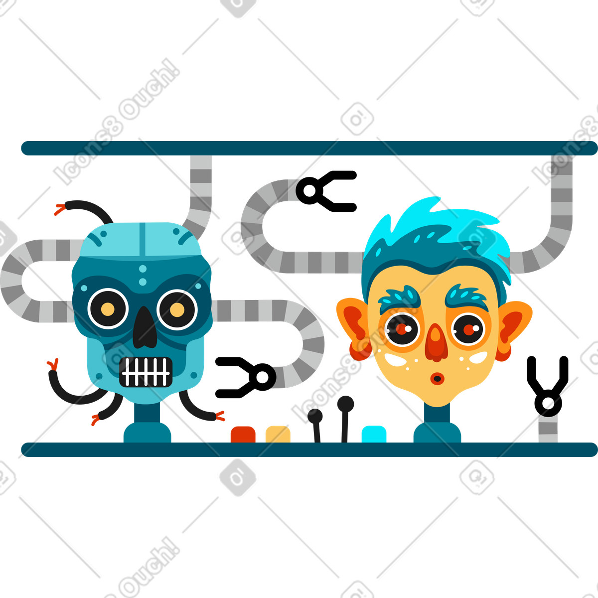 Robot skull and human head on assembly line, Technology evolution automation illustrazione in stile Experimental scarica in PNG, SVG