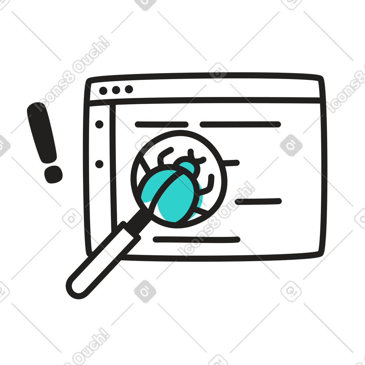 Searching for bugs in programming code with magnifier illustration in PNG, SVG