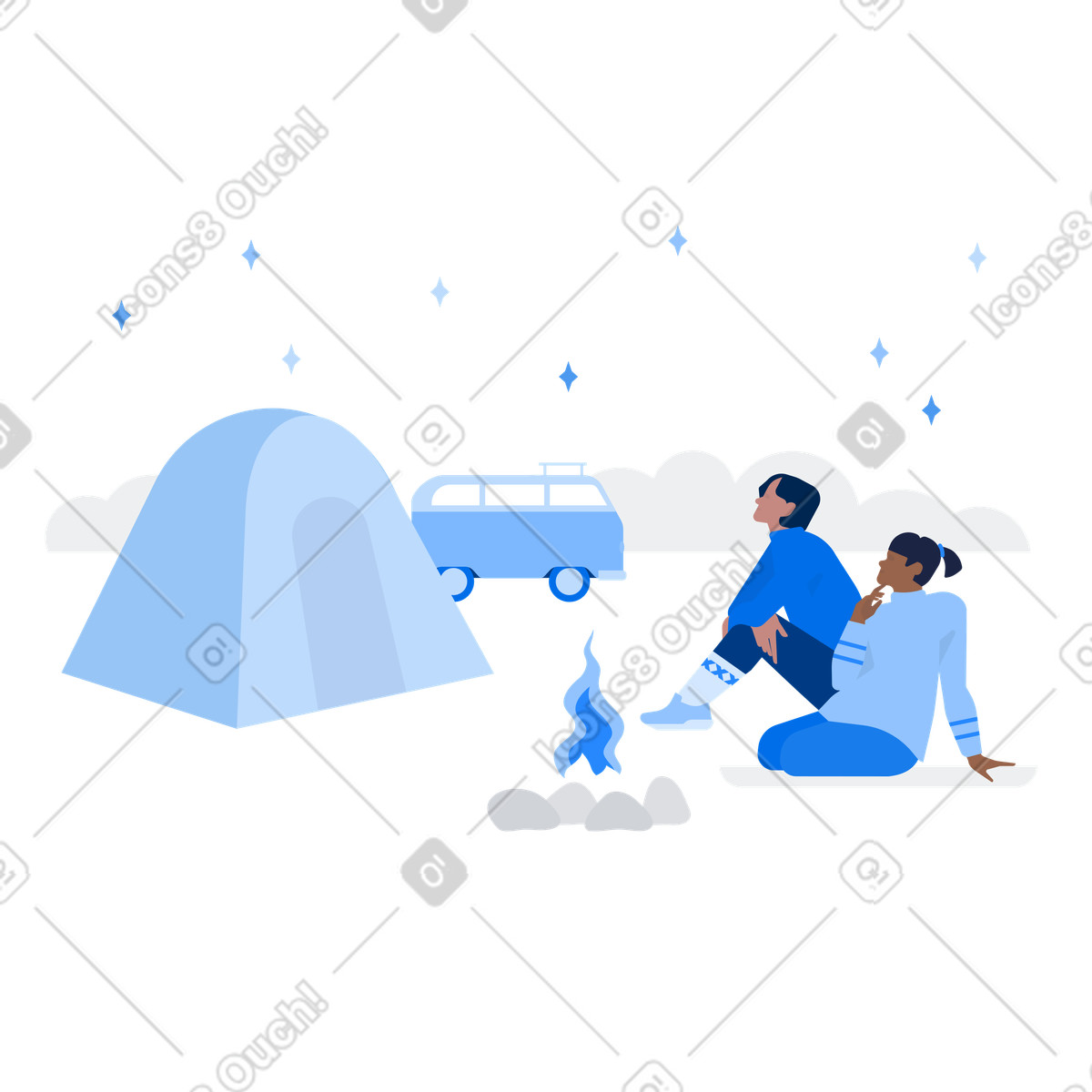 Couple stargazing by campfire with tent and van, Outdoor adventure camping recreation illustration in Urban style download in PNG, SVG
