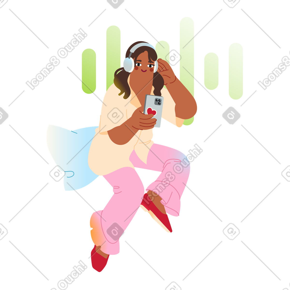 下载 Fizzy 风格的 Listening to audio content on mobile phone, digital media and music app 插画，支持 PNG、SVG 格式