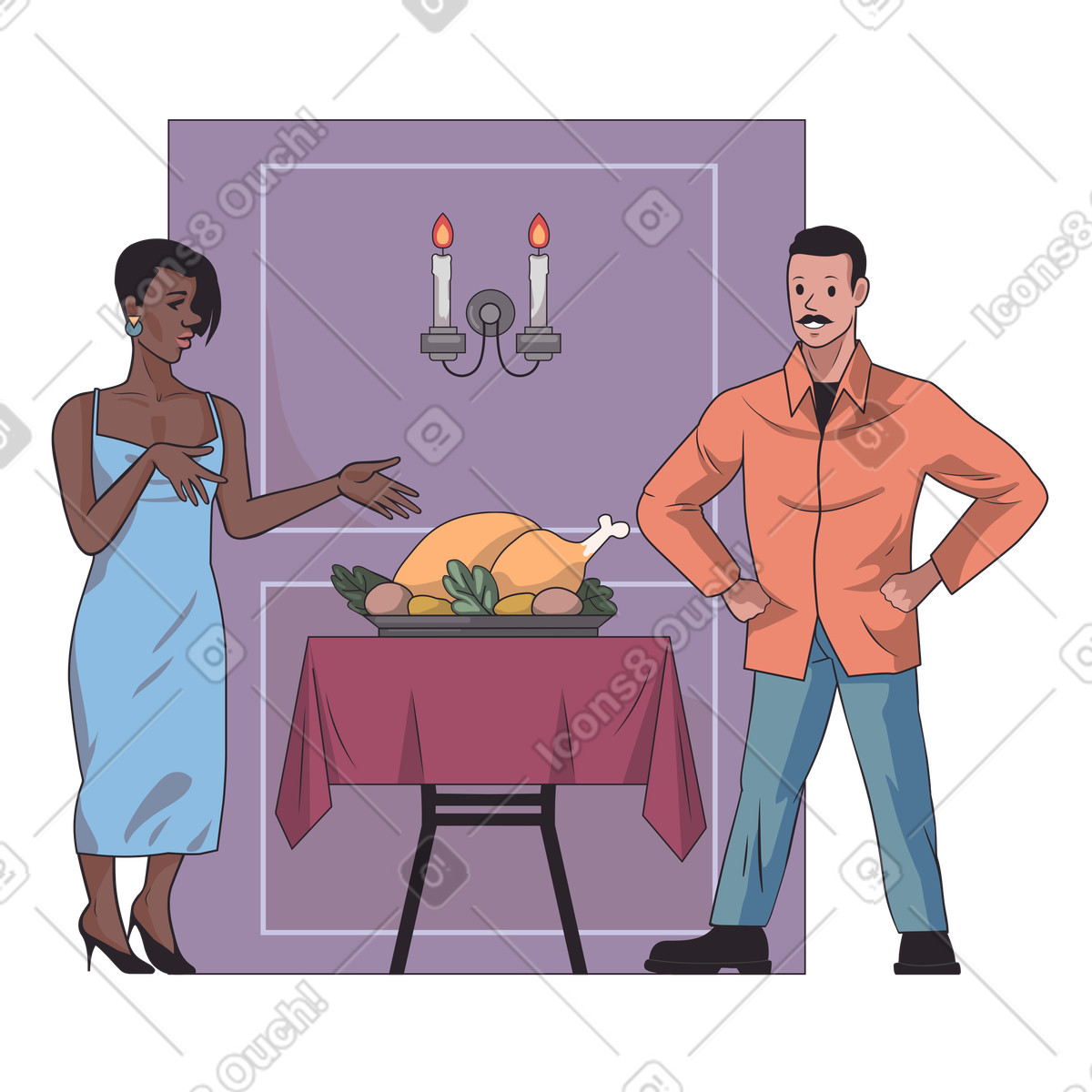 Man and woman enjoying thanksgiving dinner illustration culinary clipart graphics PNG SVG