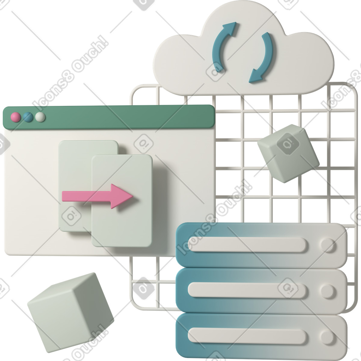 Ilustração animada de Cloud data synchronization em no estilo 3D Casual life para baixar em GIF, Lottie (JSON), AE