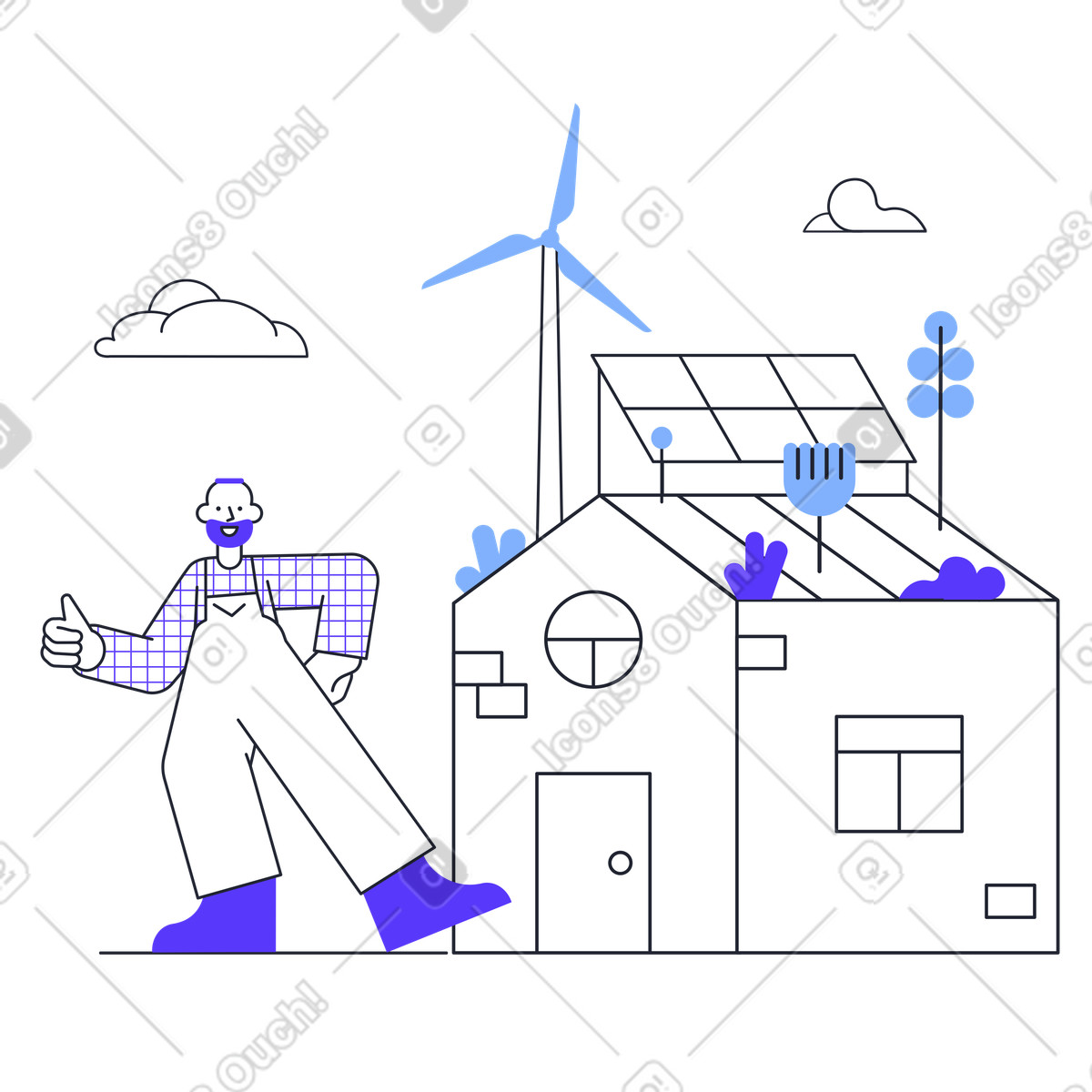 Illustration Entrepreneur installant un panneau solaire et une éolienne sur le toit de la maison dans style Pablita à télécharger aux formats PNG, SVG
