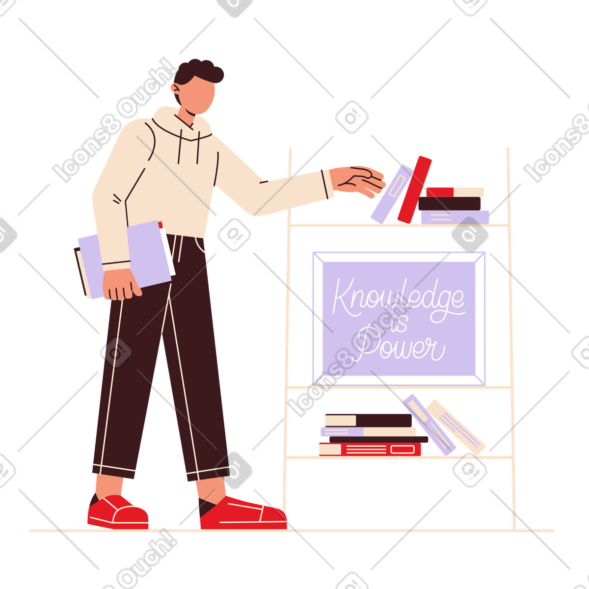 Student reaching for a book on shelf illustration knowledge clipart download PNG