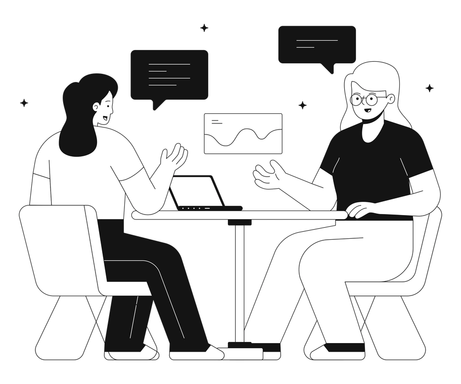 Two people discussing data at a table - Teams style illustration