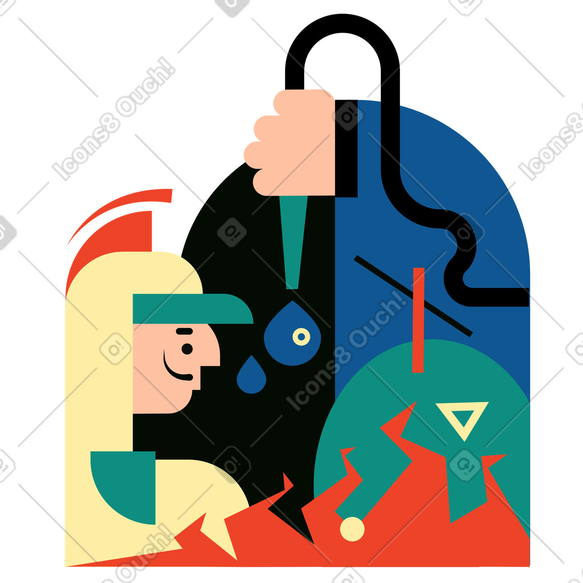 Illustration Firefighter extinguishing fire with water hose dans le style Polar à télécharger aux formats PNG, SVG