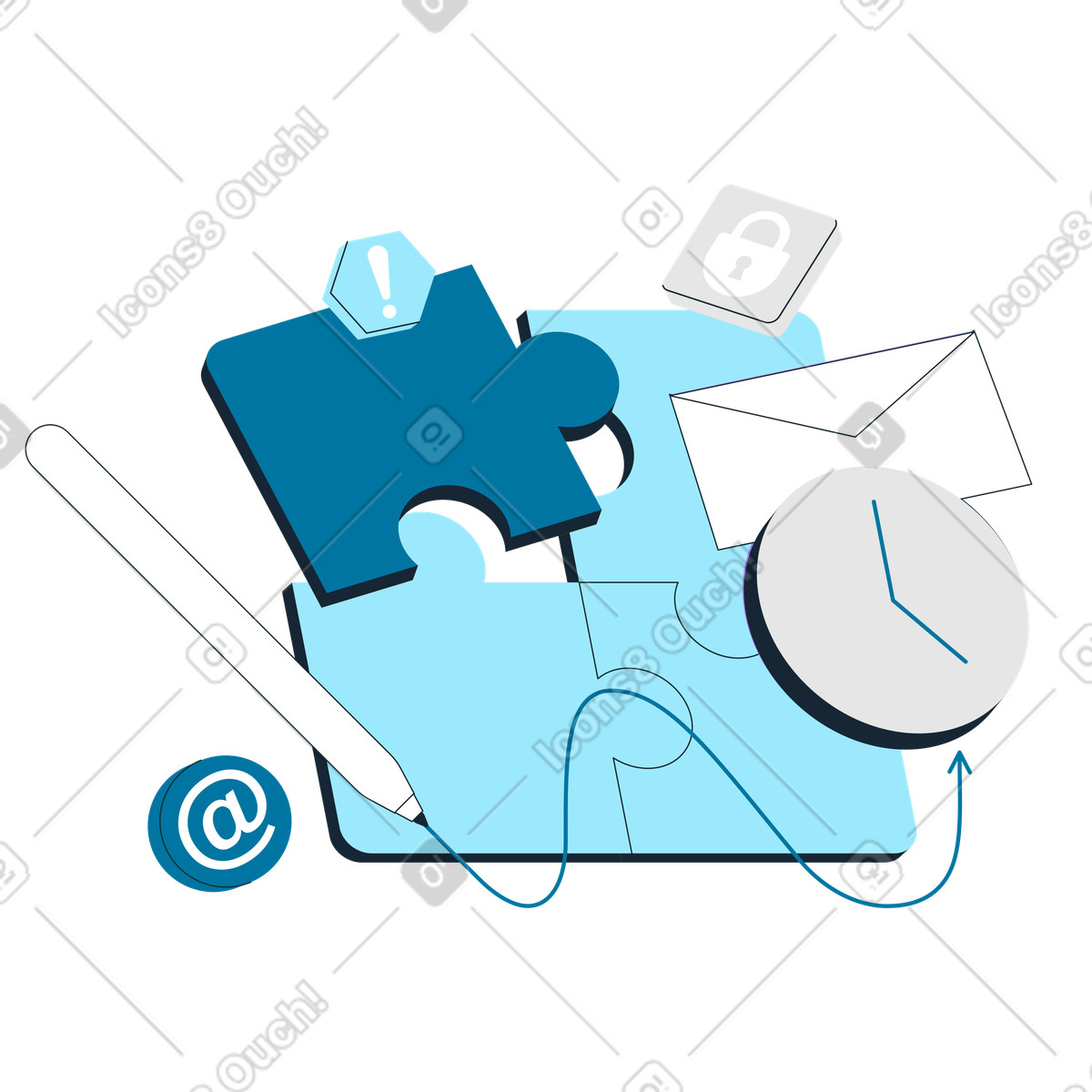 Jigsaw puzzle pieces with message, clock, and pen, Project planning and workflow optimization illustration in PNG, SVG