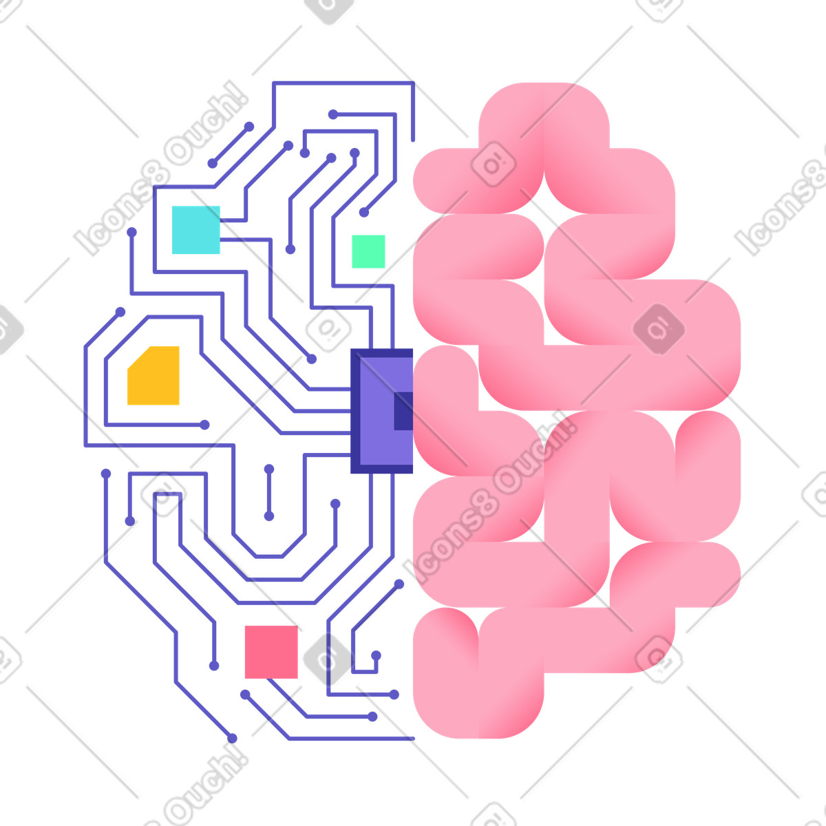 Illustration Cerveaux numériques et organiques, intelligence artificielle neurosciences, innovation en santé numérique dans le style Bright à télécharger aux formats PNG, SVG