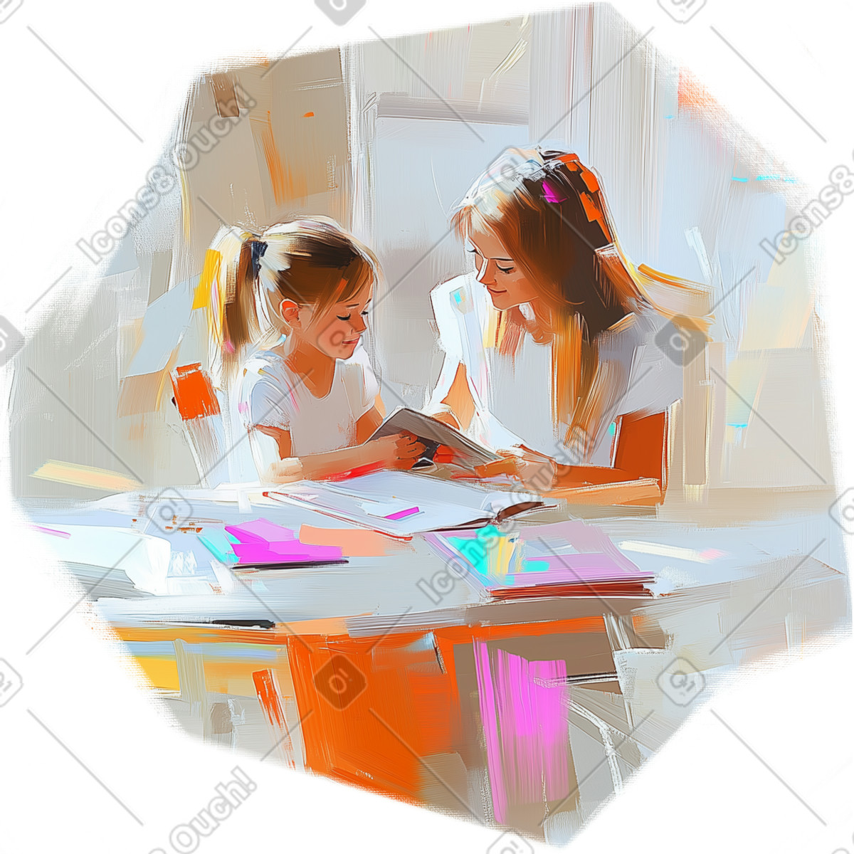下载 Pictorial 风格的 妈妈辅导女儿做作业的油画 插画，支持 PNG、SVG 格式
