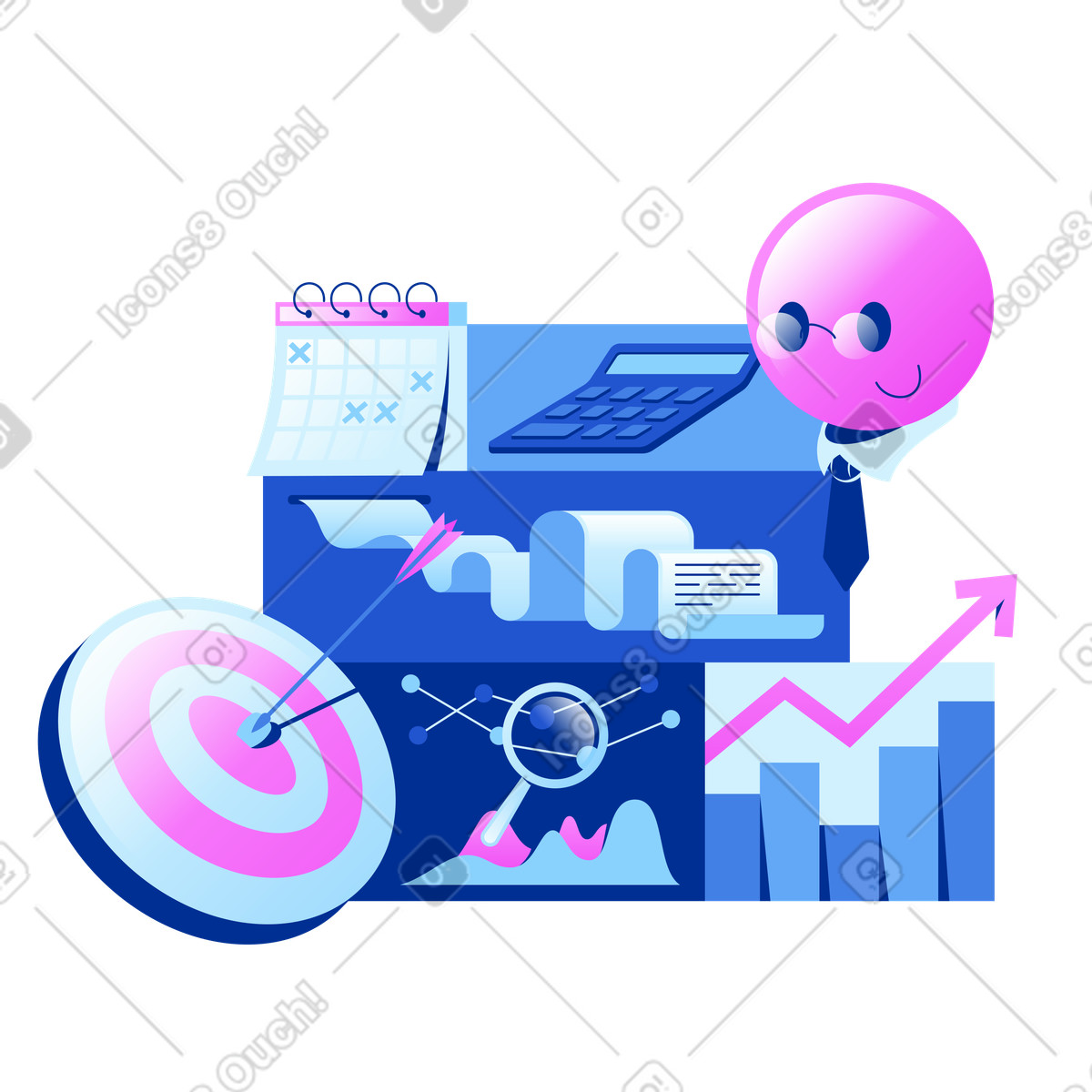 Analytics emoji in glasses with aim, charts and calendar illustration Glossy style download PNG, SVG