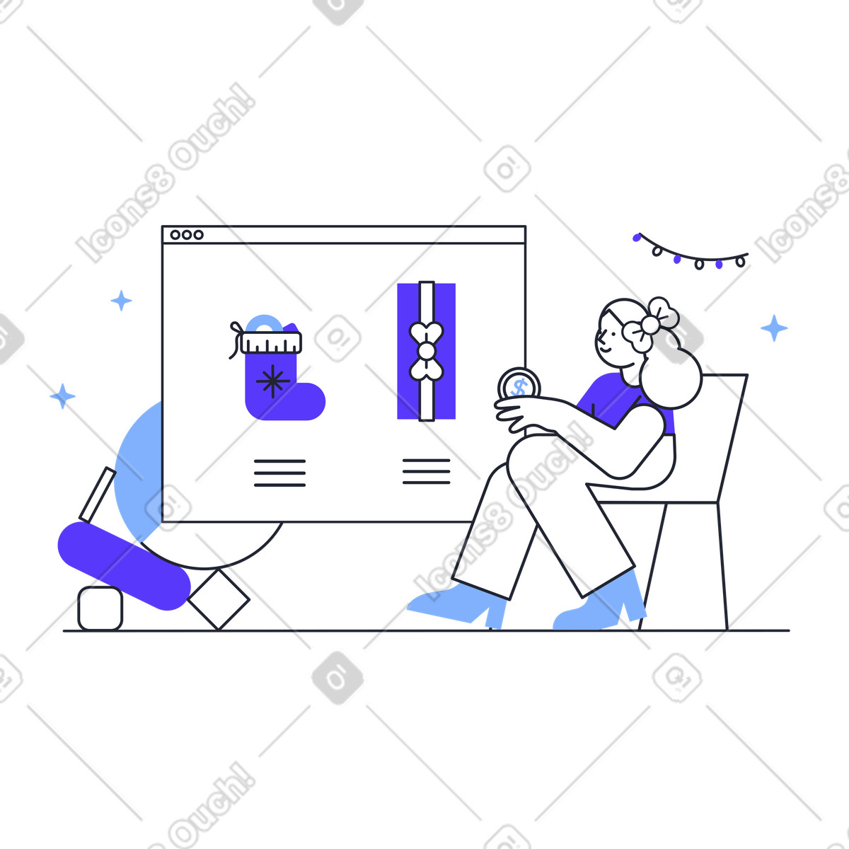 Ilustración Mujer haciendo compras navideñas en línea estilo Pablita a descargar PNG y SVG