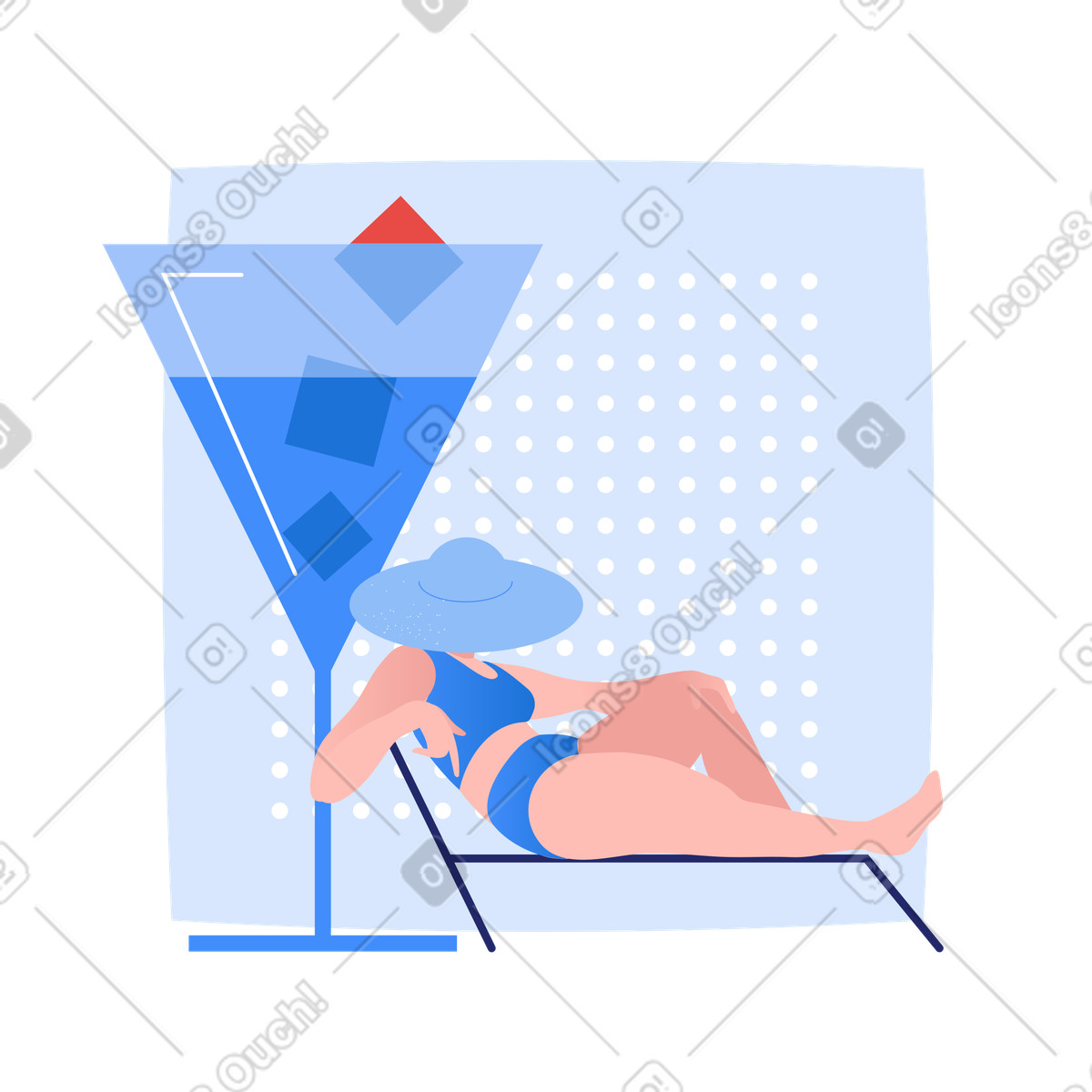 Grande cocktail estivo e donna con cappello sdraiata sul lettino da spiaggia illustrazione in stile Clip scarica in PNG, SVG