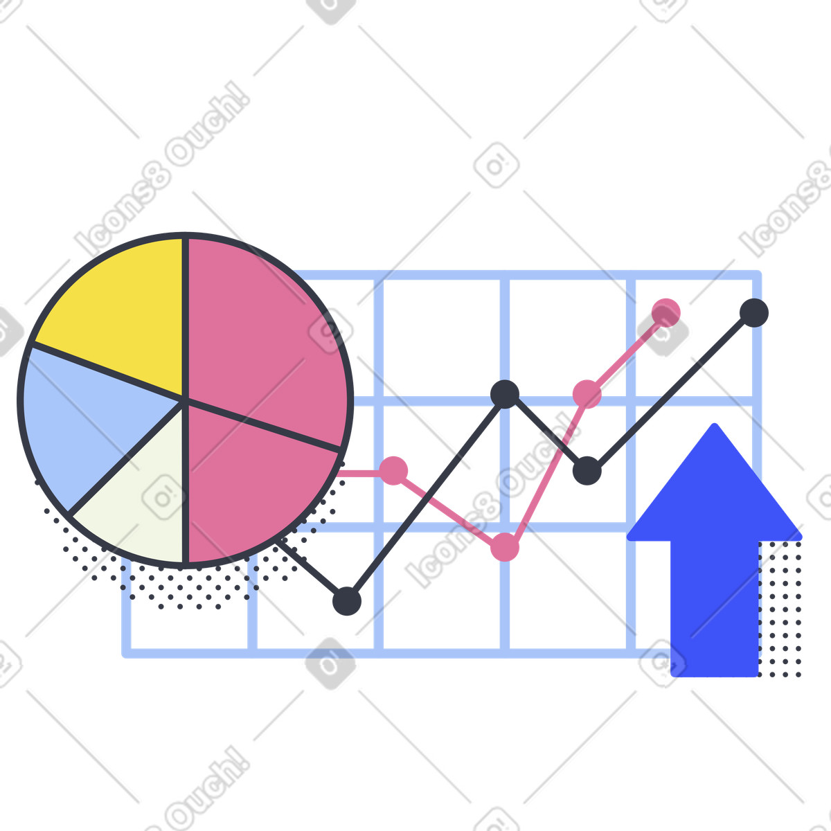 Ilustración Gráfico circular y de líneas del crecimiento la inversión en estilo Abstract a descargar en PNG SVG