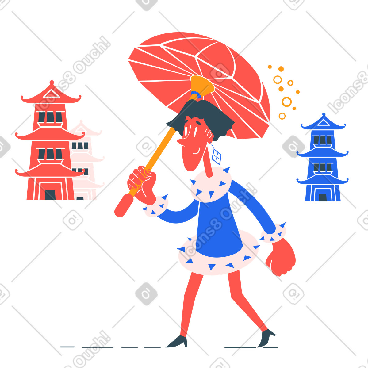 下载 Kingdom 风格的 拿着中国伞行走的女人 插画，支持 PNG、SVG 格式