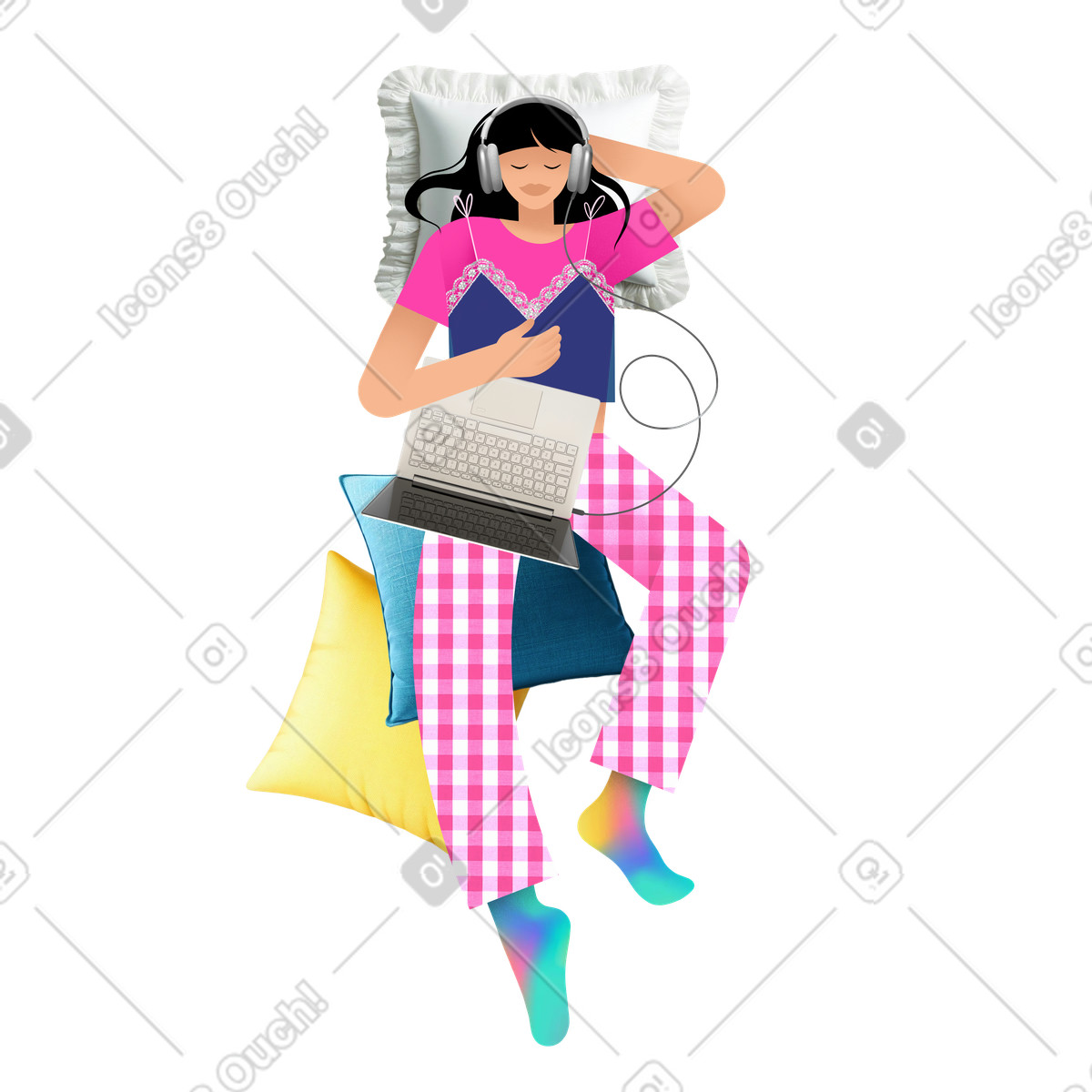 Young woman napping with headphones illustration chill clipart image in PNG