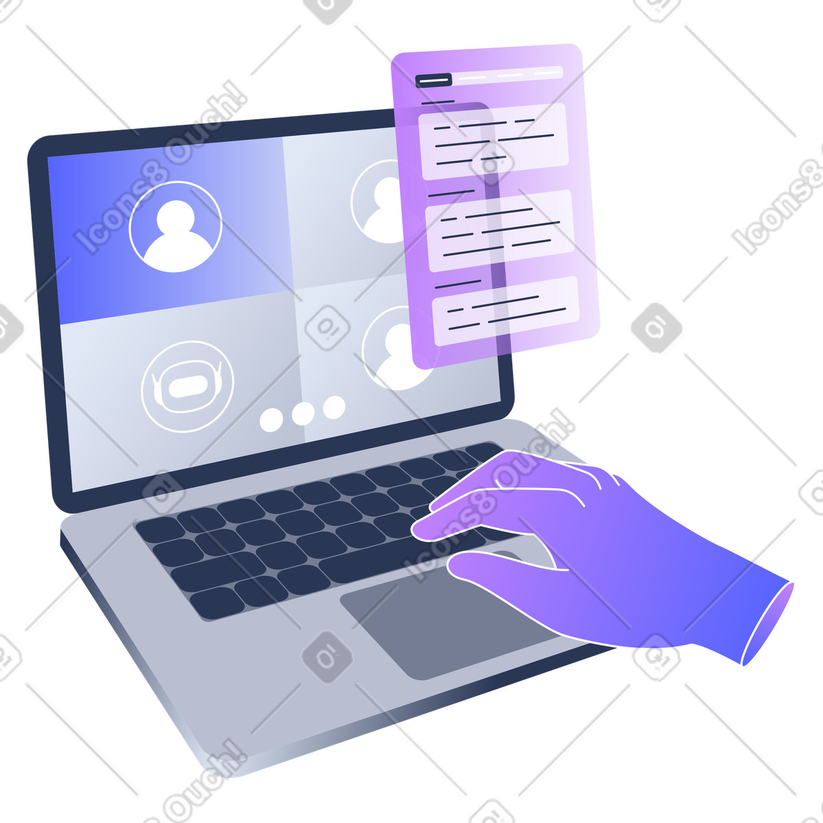 Typing during video call on laptop, AI notetaker tool for meetings, Virtual collaboration with AI tools illustration in Lucent style download in PNG, SVG