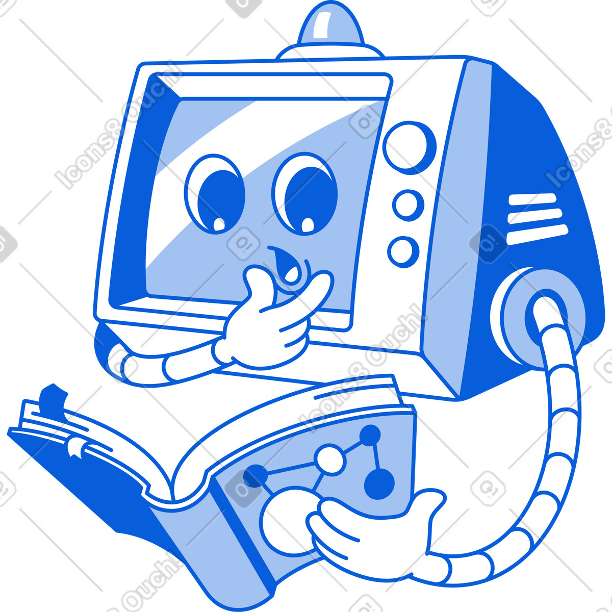 Überraschter monitor mit einem buch-Illustration im Handy Line-Stil als Download in PNG, SVG