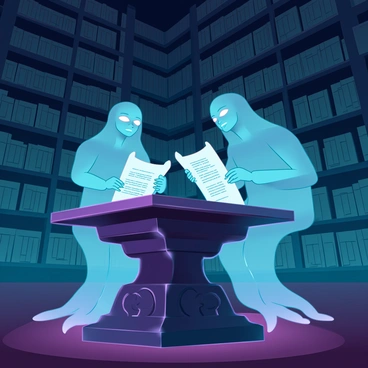 A pair of ethereal ghosts with flowing, translucent forms are positioned around an intricately carved wooden table in a vast, shadowy library. They are engrossed in reading ancient scrolls that are illuminated by a faint, otherworldly glow. The ghosts have delicate features, with glowing eyes that reflect the light of the scrolls. Towering shelves filled with dusty tomes stretch into the darkness, creating an atmosphere of mystery. Wisps of mist swirl around their feet, adding to the ethereal ambiance of the scene. The scrolls are adorned with ancient script and symbols, revealing secrets of a long-lost civilization.