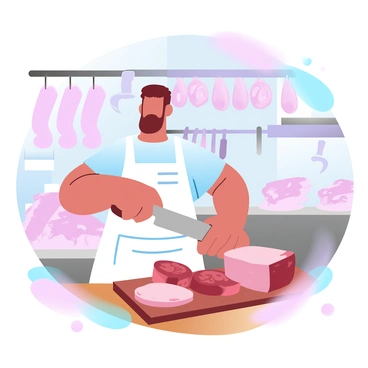 A butcher with a focused demeanor is standing at a wooden counter in a traditional butcher shop. He is wearing a white apron and is using a large knife to finely slice a fresh piece of beef. Behind him, various cuts of meat are displayed on wooden shelves, arranged neatly. The shop is filled with hanging sausages and cured meats, adding to the authentic atmosphere. The walls are adorned with vintage meat-related tools. A large cutting board, showing signs of use, is placed beside him with additional pieces of meat ready for preparation.