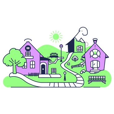 A whimsical town is depicted, featuring quirky houses with unique shapes and designs. Each house stands out with distinct architectural features, such as oversized windows, slanted roofs, and whimsical decorations. The houses are lined along winding streets that curve and twist through the town. Small trees with fluffy foliage are scattered along the sidewalks. A cobblestone path leads through the town, with benches and streetlamps adding to the charming atmosphere. In the distance, a small hill rises, with a bright sun above casting playful shadows.