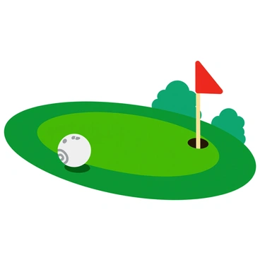 A white golf ball resting on a well-manicured green lawn. The ball is positioned near a small hole, and a red flag is sticking out of the hole, waving gently in the breeze. The vibrant green grass is evenly cut and dotted with shadows from nearby trees. The scene captures a clear sky above, contributing to a bright and inviting atmosphere.