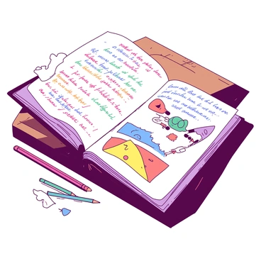 An open diary lies on a wooden table, its pages filled with intricate sketches and handwritten notes. The sketches feature abstract shapes and faces that symbolize the person's journey of self-discovery. Some notes are written in vibrant colors, expressing emotions and thoughts about identity. Scattered around the diary are colored pencils and a slightly crumpled page with ideas jotted down in a hurried manner. Sunlight streams in, casting soft shadows over the diary, enhancing the intimate atmosphere of reflection and creativity.