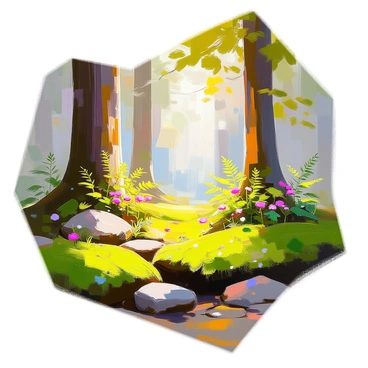 A forest floor covered in vibrant emerald-green moss creates a lush carpet underfoot. Sunlight filters through the tall trees above, casting dappled light and soft shadows across the mossy ground. Various types of ferns and small wildflowers peek through the moss, adding texture and color to the scene. The trunks of the trees are dark and sturdy, their leaves forming a vibrant canopy overhead. Small insects can be seen darting among the foliage, adding life to the peaceful setting.