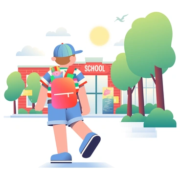 A child with light brown hair and a blue baseball cap is walking along a tree-lined sidewalk on the first day of the new school year. The child is wearing a colorful striped t-shirt and denim shorts. A bright red backpack is slung over their shoulders, filled with school supplies. In the background, a brick school building with large windows is visible. Colorful posters are hanging on the school's entrance. The sun is shining, casting a warm glow over the scene. A few birds are flying in the sky, adding a lively touch to the moment.
