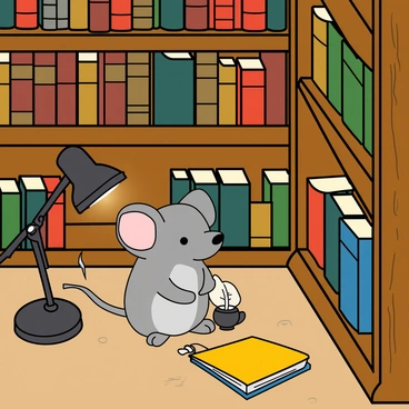 A small gray mouse with large ears and bright eyes is sitting on the floor of a tiny library. The library is filled with stacks of miniature books in various colors and sizes, creating a whimsical atmosphere. The mouse is standing on its hind legs, looking curiously at a brightly colored book that is slightly open in front of it. The shelves around the mouse are wooden and have intricate carvings. A little reading lamp casts a warm glow on the scene, highlighting the mouse and the tiny books surrounding it. A tiny quill and inkpot are placed next to the mouse, as if ready for writing.