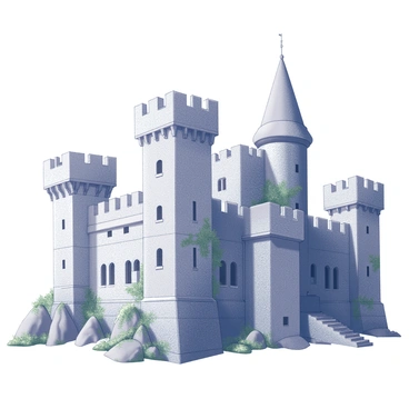 An ancient stone castle with imposing walls rises majestically against the backdrop of a clear blue sky. The castle features several tall watchtowers, each adorned with crenellated parapets. The texture of the weathered stone showcases centuries of history and strength. A pathway leads up to the main entrance, flanked by rugged landscaping. The castle's arched windows are set high in the walls, providing a lookout over the surrounding landscape. Vines and greenery cling to the stone, adding a sense of age to the structure.