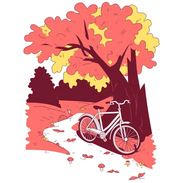 A magical bike trail winding through a colorful autumn forest