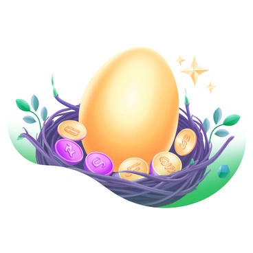 A giant golden egg rests elegantly in a nest made of twigs and leaves. The nest is overflowing with shiny coins, reflecting light with dazzling glints. The coins vary in size and design, creating a rich texture surrounding the egg. The setting is softly illuminated, enhancing the luxurious appearance of the golden egg and the sparkling coins.