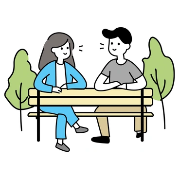 Two friends sitting side by side on a simple wooden park bench. One friend, a woman with long brown hair, is wearing a light blue cardigan and denim jeans. The other friend, a man with short black hair, is dressed in a grey t-shirt and khaki pants. They are looking at each other, sharing a warm "smile" that conveys friendship. The background features green trees and a clear blue sky, setting a calm atmosphere.