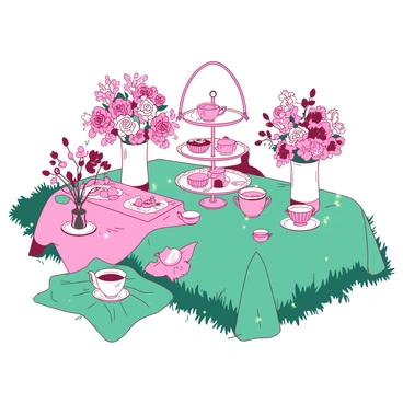 A pink tea party is arranged on an emerald green tablecloth laid out on the grass in a garden. The table is adorned with various colorful floral arrangements in white vases, featuring an assortment of vibrant blooms. Delicate china teacups and plates are placed carefully on the table, each set beside a small, decorative napkin. A large tiered stand holds an assortment of pastries and sandwiches, inviting guests to enjoy the treats. Surrounding the table are whimsical garden decorations, including tiny fairy lights twinkling in the gentle breeze.