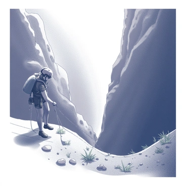 A canyoneer is positioned on a rocky ledge, preparing to descend into a shadowed area of the canyon. The figure is clad in protective gear, including a helmet and harness, with ropes secured for safety. The canyon walls rise steeply on either side, displaying rugged textures and crevices. Sunlight filters down from the rim, casting intricate shadows on the ground below. The terrain is uneven, with loose stones and patches of dry vegetation scattered throughout, creating a challenging descent. The atmosphere is filled with a sense of adventure and exploration.