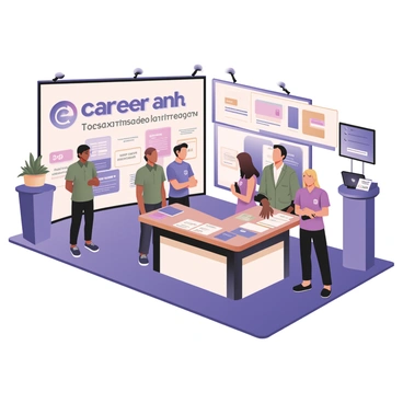 A company booth at a career fair is prominently displayed, featuring a large banner with the company's logo and slogan in bold letters. There are multiple eye-catching displays, including a digital screen showcasing employee testimonials and company culture highlights. A sleek, modern table is covered with brochures and business cards neatly arranged. Several staff members are present, wearing matching branded shirts, actively engaging with potential employees. There are also potted plants on the table to add a touch of greenery. To the side, a small interactive station allows visitors to sign up for newsletters and job alerts. Bright lighting highlights the booth, creating an inviting atmosphere.