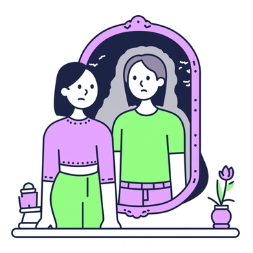 A person is standing in front of a mirror with an ornate frame. They have medium-length hair and are wearing casual clothing. The mirror surface reflects their image, but the reflection appears distorted and darker, with exaggerated features and shadows. The background shows a dimly lit room, adding to the eerie atmosphere. The person's expression is one of confusion or concern as they gaze into the mirror. There are subtle details in the room, such as a small table with a plant and a picture frame.