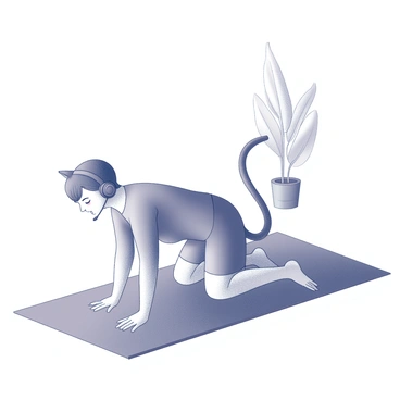 A person positioned on a yoga mat, performing the cat-cow stretch. The individual is on all fours, with one round arch in their back as they transition from the cat pose to the cow pose. They wear headphones, suggesting engagement in calming music. The setting includes a softly lit room with some plants in the background, creating a tranquil atmosphere. The person's expression reflects relaxation and focus during the stretch.