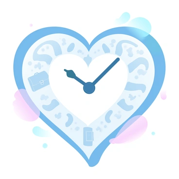 A heart shaped like a clock is centered in the image. The clock has intricate designs, blending seamlessly with the heart shape. The hands of the clock are pointing to various life stages: one hand points to "childhood," represented by a small toy; another hand points to "adulthood," depicted with a briefcase; and the final hand indicates "old age," illustrated by a pair of reading glasses. Surrounding the clock are gentle gradient pastel colors that transition smoothly, enhancing the heart's visual appeal.