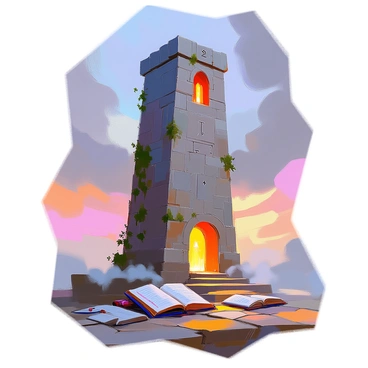A tall and imposing stone tower rises against a twilight sky, its silhouette framed by swirling clouds. The structure is adorned with intricate carvings that depict ancient runes and mystical symbols. At the top of the tower, a flickering light can be seen through an arched window, suggesting that a sorcerer is engaged in powerful magic. Dark ivy climbs the sides of the tower, and a swirling mist gathers at its base, adding an air of mystery to the scene. Around the tower, the ground is littered with spellbooks and magical artifacts, hinting at the sorcerer's craft.