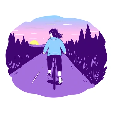 A person wearing a light blue jacket is riding a bicycle along a deserted country road. The road is lined with tall grass that sways gently in the evening breeze. In the background, trees are silhouetted against the fading light of dusk, creating a serene atmosphere. The sky is painted with shades of orange and purple as the sun sets on the horizon. The person is focused on the road ahead, with a slight breeze ruffling their hair.