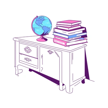 A white secretaire with intricate carvings stands against a wall. On top of the secretaire, there are several stacks of books with varying colors, neatly arranged. A small blue globe sits prominently on one of the stacks of books, displaying a detailed map of the world. The scene is well lit, highlighting the texture of the wood and the colorful spines of the books.