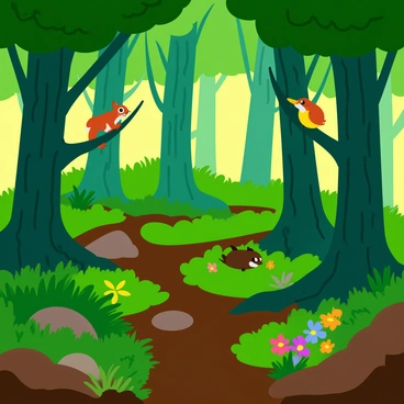 A close-up view of a lush forest tile featuring a dense arrangement of tall, green trees with textured bark. Sunlight filters through the leaves, creating dappled patterns on the forest floor. Various woodland creatures are visible, including a curious squirrel perched on a low branch, a small brown rabbit nestled among the ferns, and colorful birds flitting between the branches. The ground is covered in rich, dark soil scattered with vibrant green moss and clusters of wildflowers, adding to the lively atmosphere of the scene.