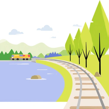 Train tracks running parallel to the edge of a clear blue lake. The lake reflects the soft colors of a bright sky filled with fluffy white clouds. Lush green trees line the banks of the lake, creating a natural border alongside the tracks. A few small rocks are scattered along the shore, and the tracks are made of silver metal with wooden ties supporting them. In the distance, a train can be seen approaching along the tracks, adding a sense of motion to the peaceful scene.