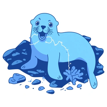 A blue sea lion pup is entangled in a length of white discarded fishing line. The pup's large, expressive eyes are wide open, and its whiskers are slightly bent as it struggles against the line. The fishing line wraps around its flippers, creating a chaotic scene. The background features a textured rocky shore, emphasizing the pup's plight. Small pieces of seaweed can be seen scattered around, along with a few glistening pebbles, adding to the coastal environment.
