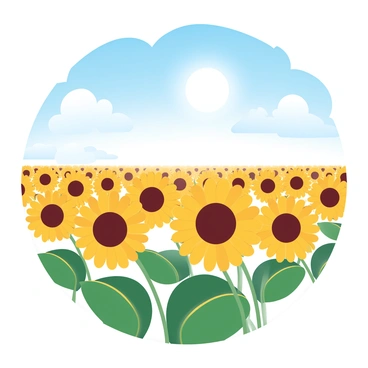 A vast field filled with tall sunflowers swaying gently in the breeze. Each sunflower has vibrant yellow petals radiating outwards from a dark brown center. The sun is shining brightly above, casting warm light across the field. The sky is clear and deep blue, providing a striking contrast to the bright yellow of the sunflowers. A few fluffy white clouds drift lazily in the background.